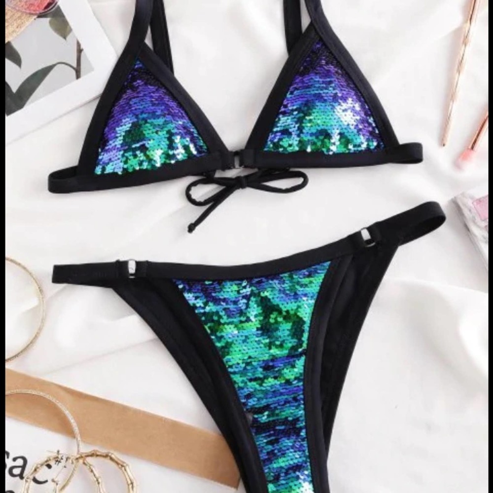 ZAFUL SEQUINED BLUE &GREEN GREEK BIKINI MEDIUM